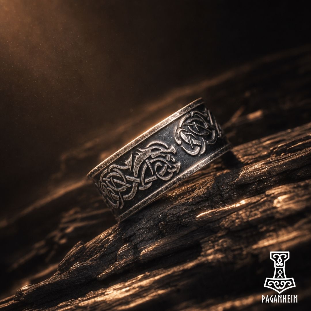Ring featuring continuous Jelling‑style animal motif and interwoven knotwork design