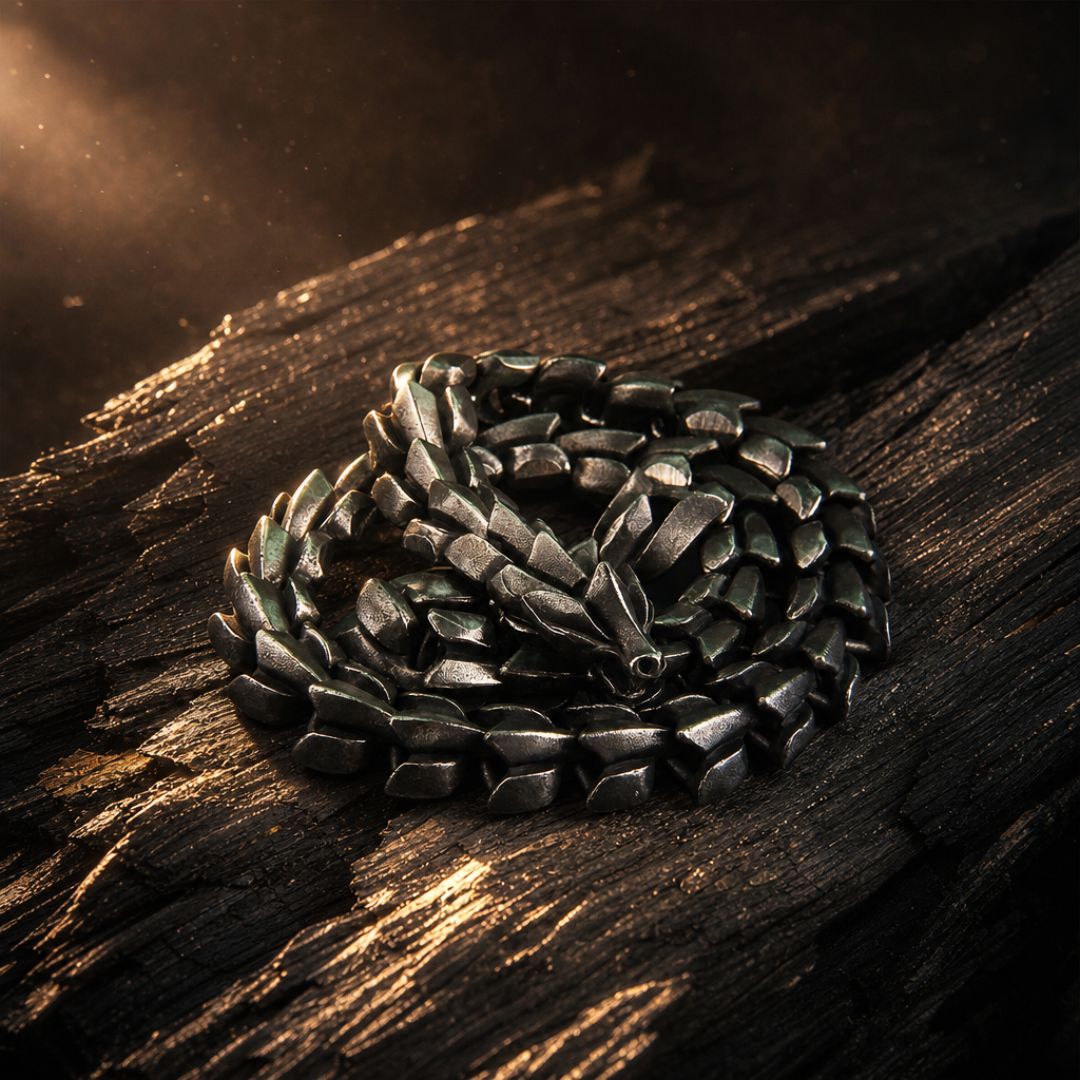 Closeup of Midgard Serpent necklace showing scale‑like segmented links
