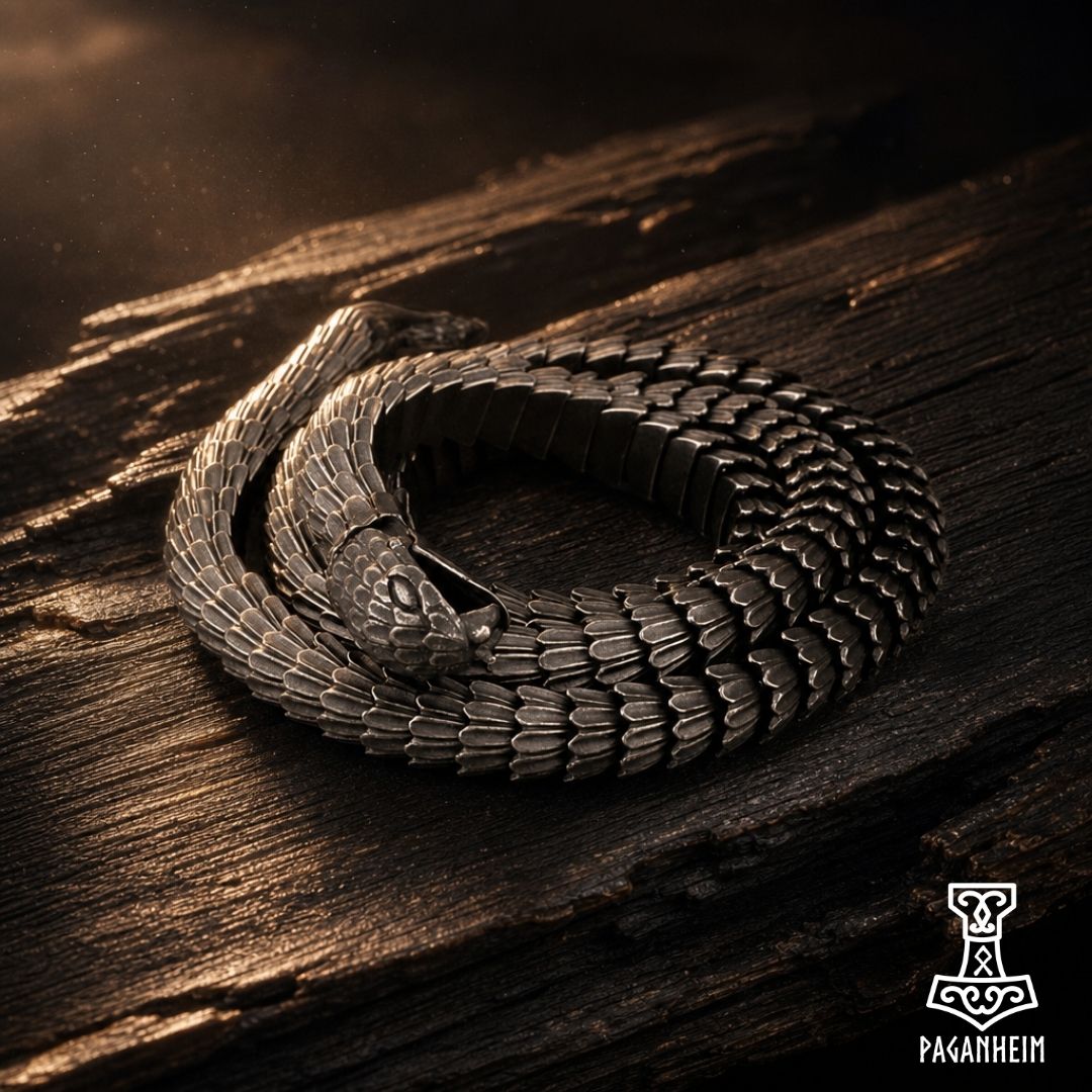 A coiled metallic snake pendant or charm with detailed scales, resting on a dark textured wooden surface. The brand logo 'Paganheim' is visible in the bottom right corner.