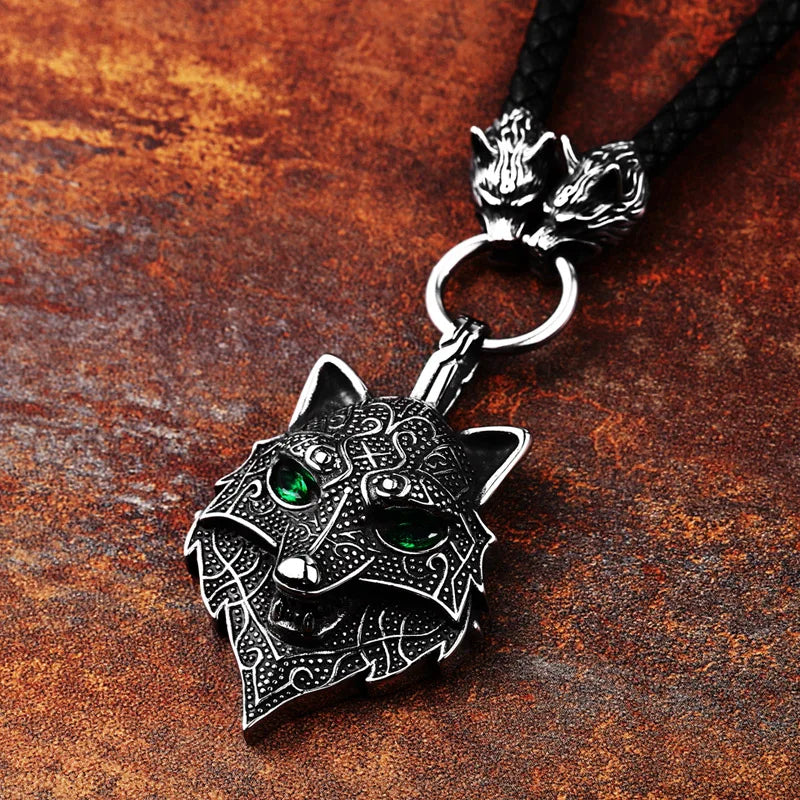 Fenrir's Oath - Green Eyed Wolf Face Leather Viking Necklace  The Pagan Trader