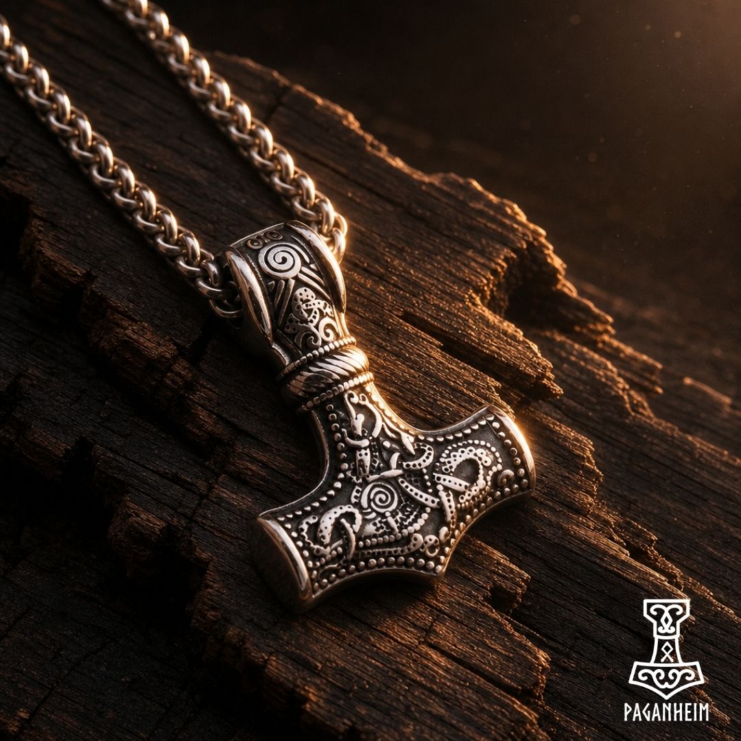 Closeup of Mammen‑style hammer necklace showing detailed patterns
