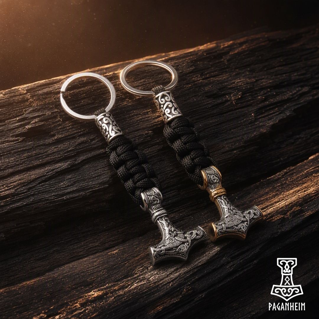Two Viking-style Mjolnir keychains with silver-toned metal hammers, black braided cord, and silver keyrings, displayed on a dark wooden surface with a Paganhim logo in the bottom right corner.