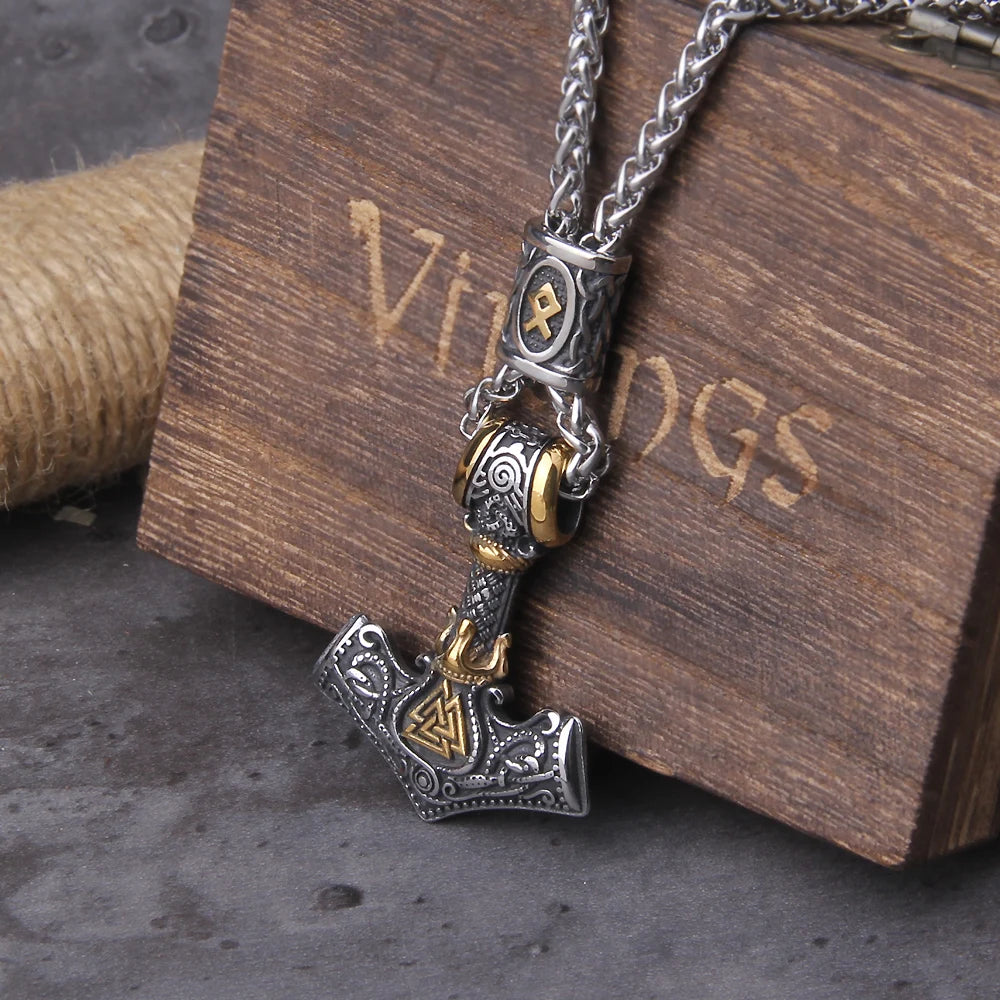 Valknut Othala Mjölnir - Teiwaz & Algiz Rune Thor's Hammer Amulet  The Pagan Trader Mix Gold 50cm