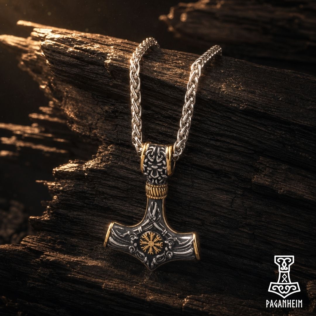 Mjölnir pendant with Ægishjálmr engraving