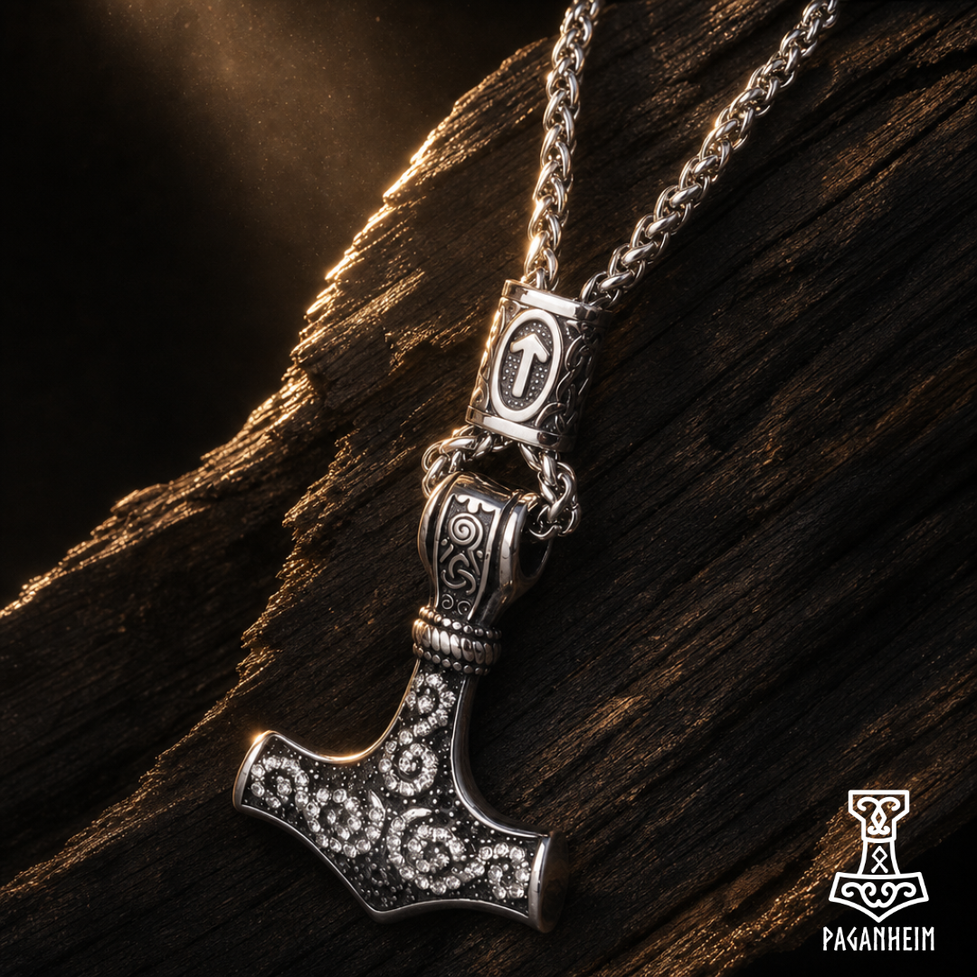 Thor’s hammer pendant with engraved patterns and rune bead above it