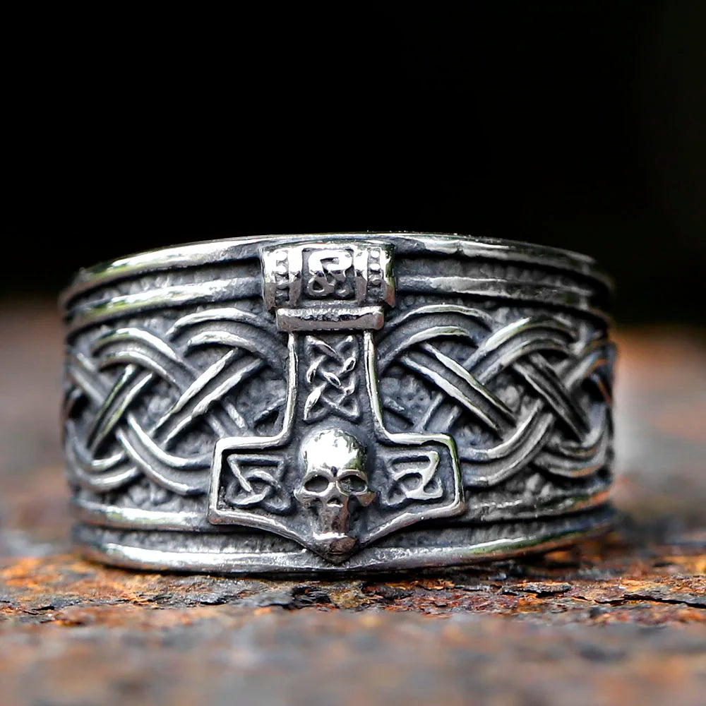 Thor's hammer ring with skull and Web of Wyrd engravings