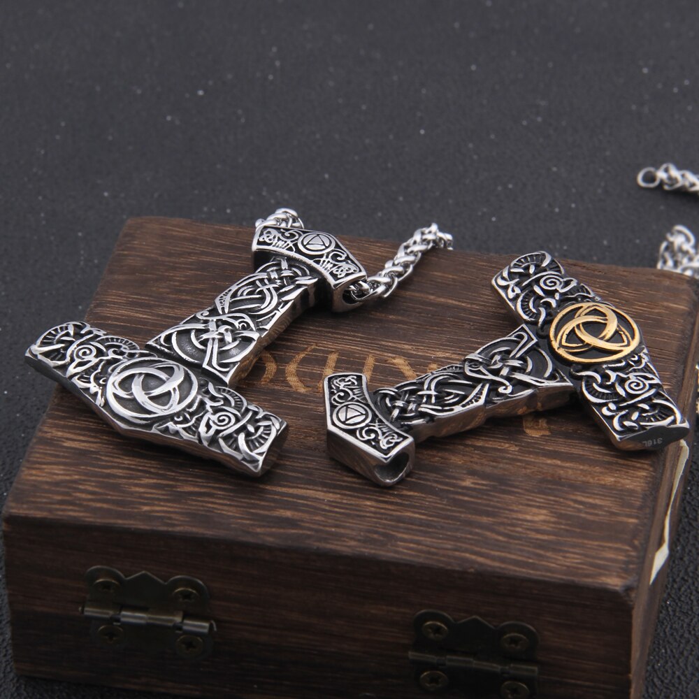 Triquetra Mjölnir - Gold & Silver Nordic Urnes Art Engraved Thor's Hammer 0 The Pagan Trader