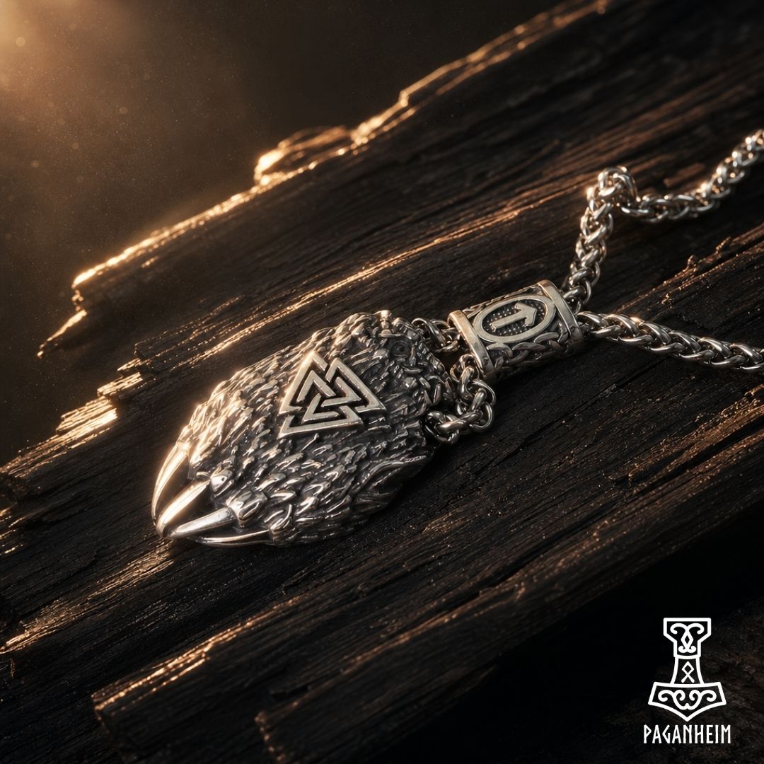 Closeup of Valknut bear claw necklace showing detailed texture and rune bead