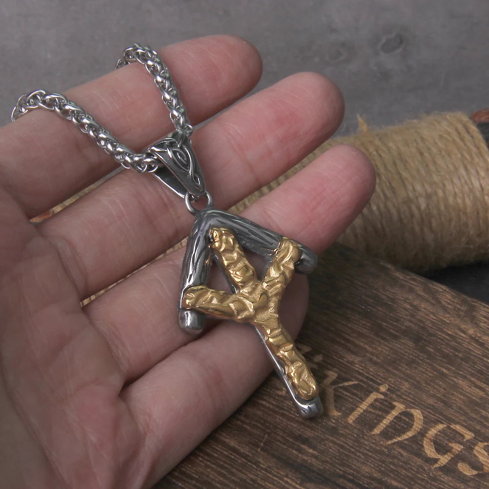 High-quality Bindrune necklace with gold Algiz rune and silver Tiwaz rune, representing the elk's antlers and the warrior's sword.