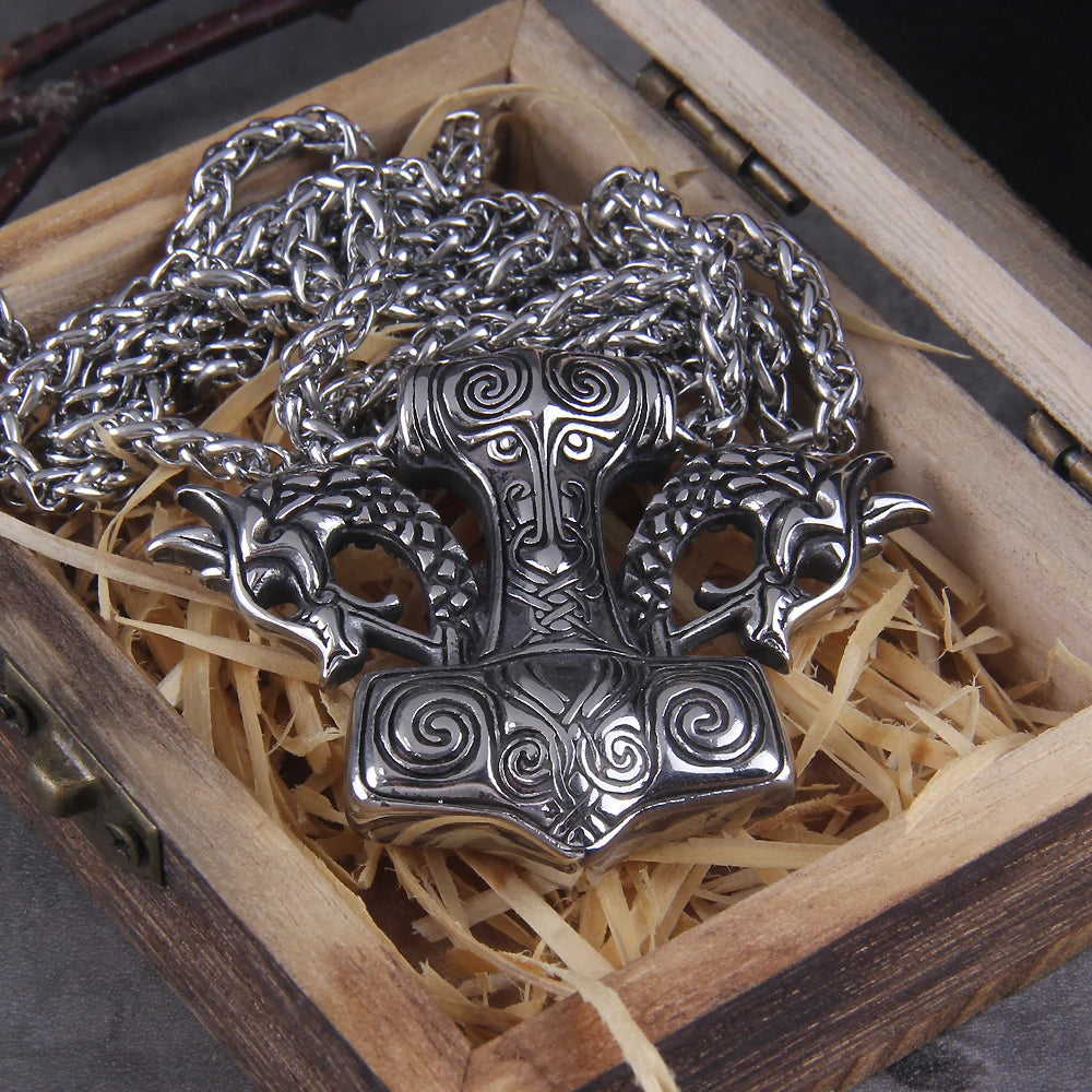 Dreki Mjölnir - Norse Dragon Prowl Thor's Hammer Viking Necklace 0 The Pagan Trader