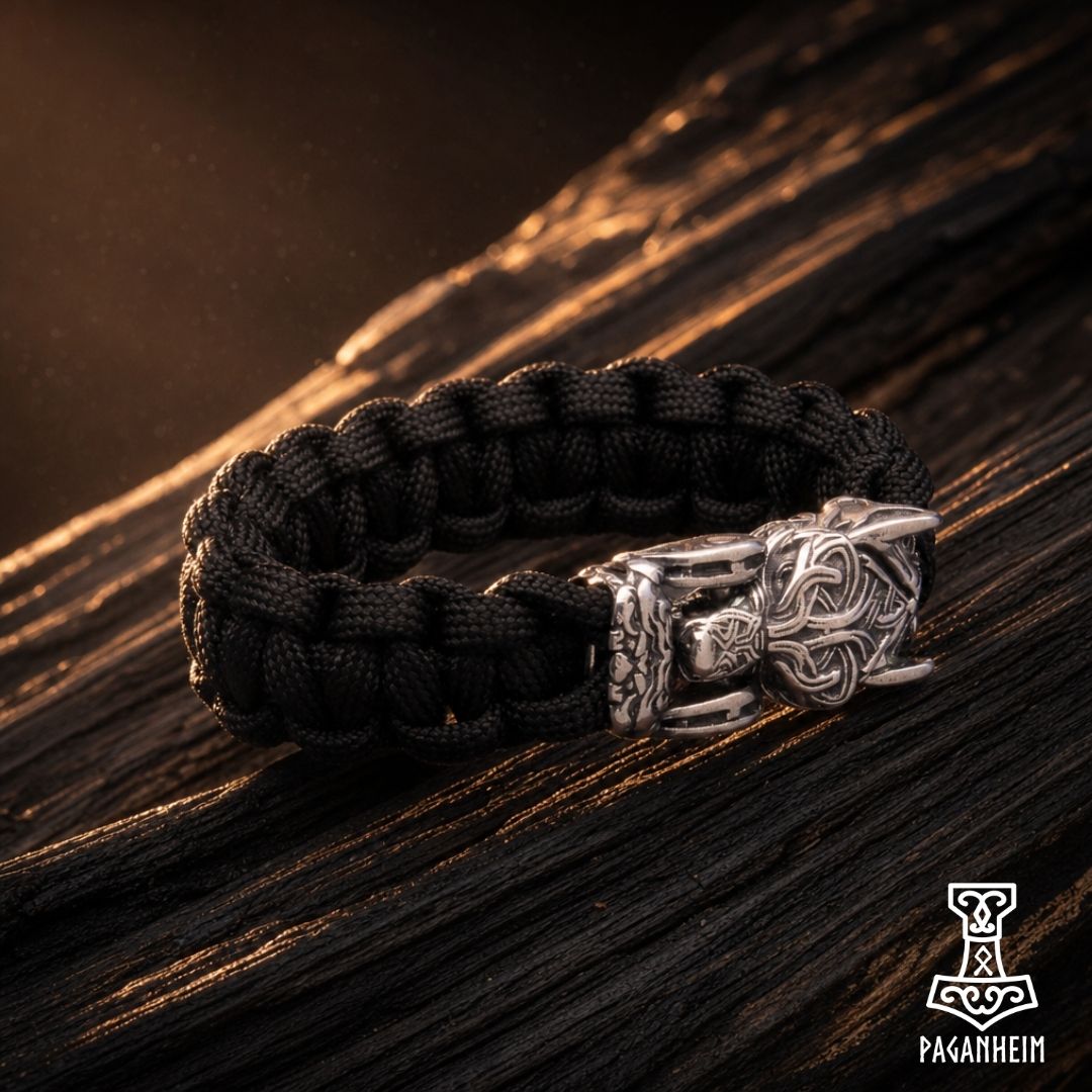 Closeup of Fenrir Lokison bracelet showing detailed wolf head and tail clasp