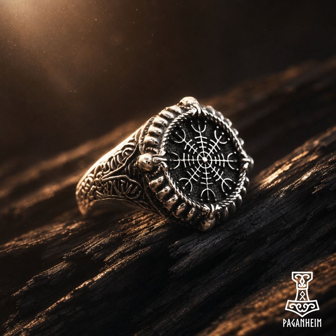 Closeup of metal ring showing engraved Helm of Awe stave and textured crown