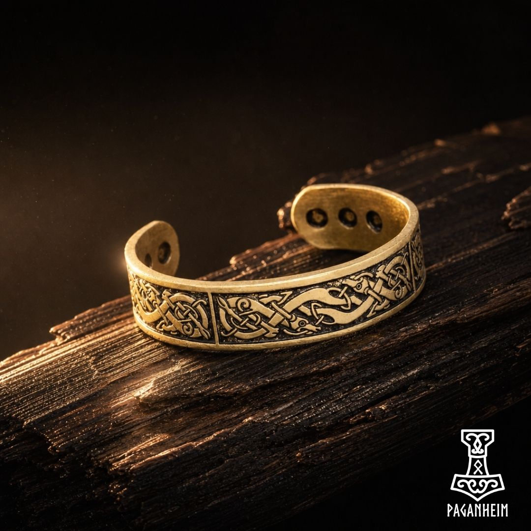 Norse‑inspired cuff featuring engraved serpent and beast motifs