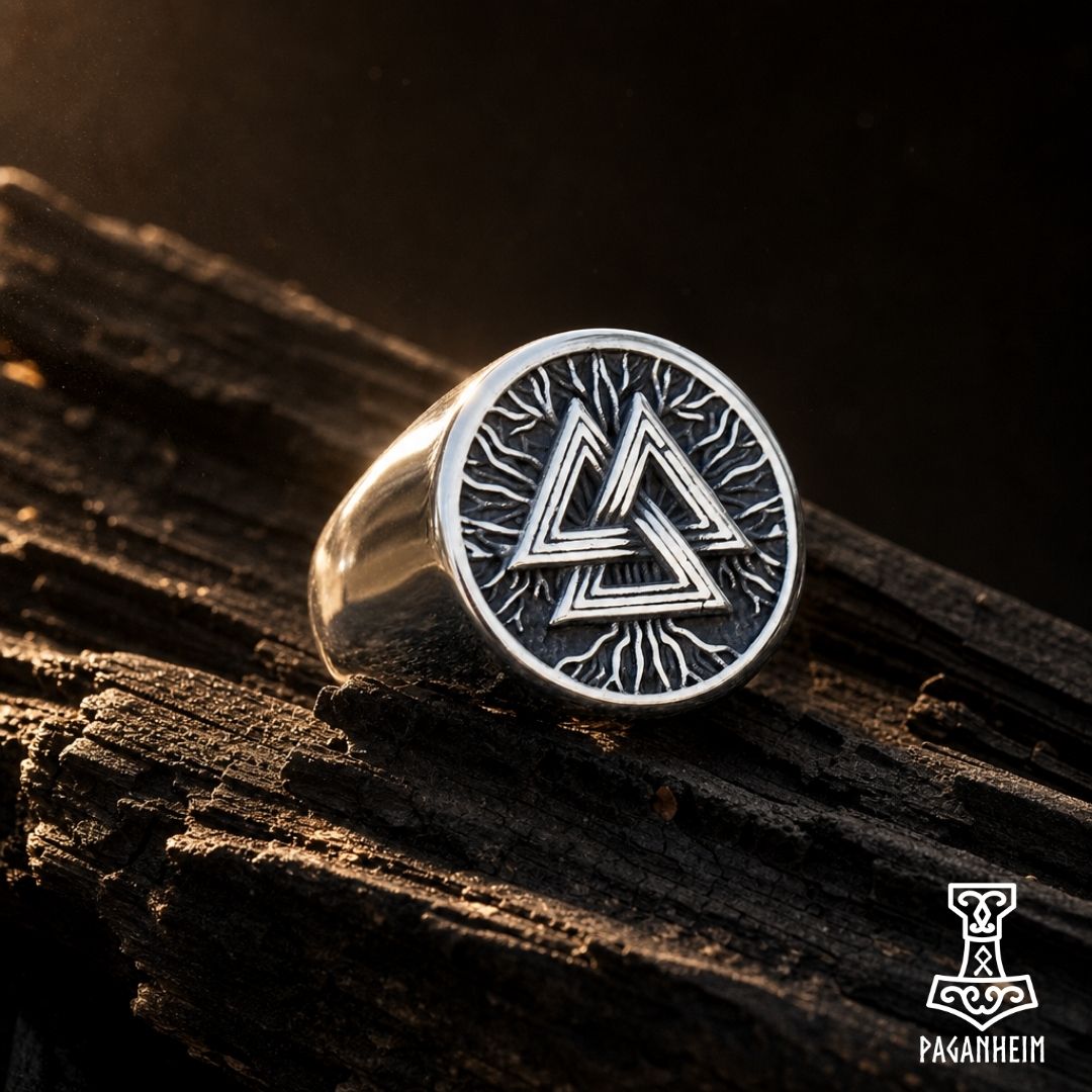 Closeup of Valknut ring showing three interlocked triangles design