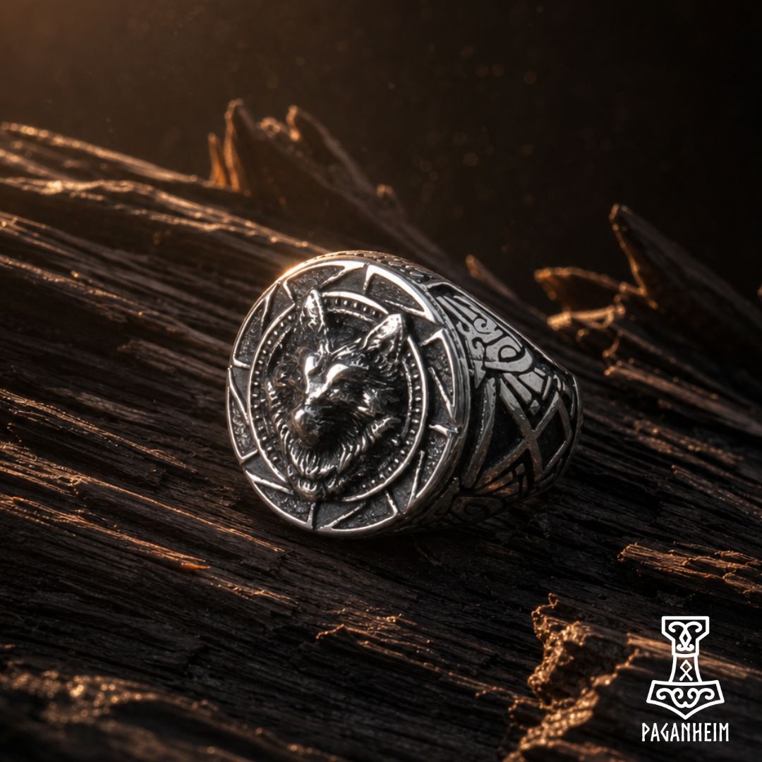 A silver-toned Viking-style signet ring featuring an embossed wolf head and Norse knotwork details, resting on dark weathered wood with dramatic golden lighting. The brand logo 'Paganheim' is visible in the bottom right corner.