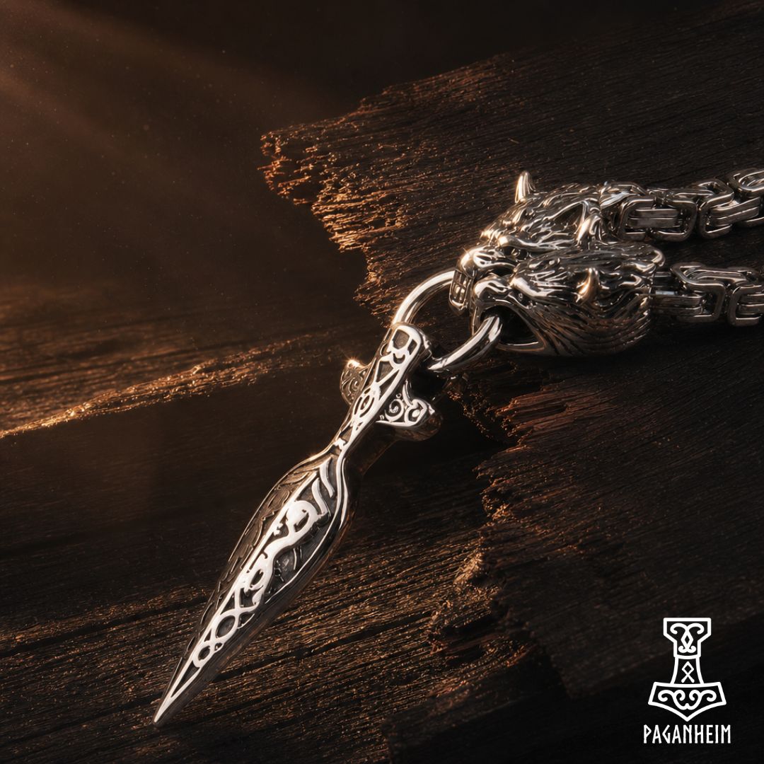 Closeup of Geri & Freki necklace showing detailed wolves and engravings