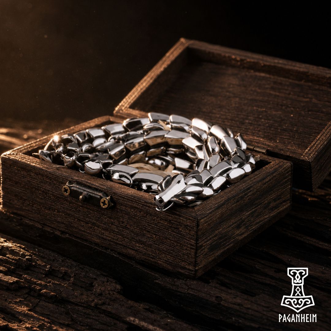 A silver-toned metal chain necklace with chunky links, displayed inside an open dark wooden presentation box on a rustic wooden surface. The brand name 'Paganheim' is visible as a logo in the bottom right corner.