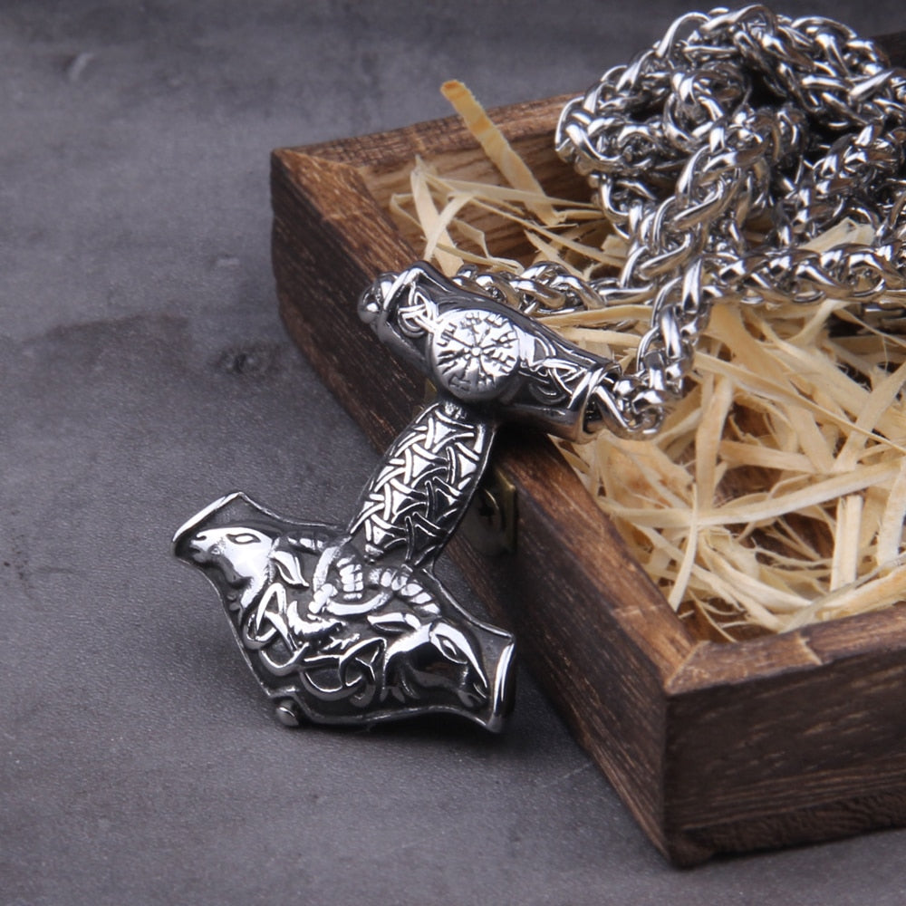 Vegvísir & Goat Engraved Mjölnir Amulet 0 The Pagan Trader