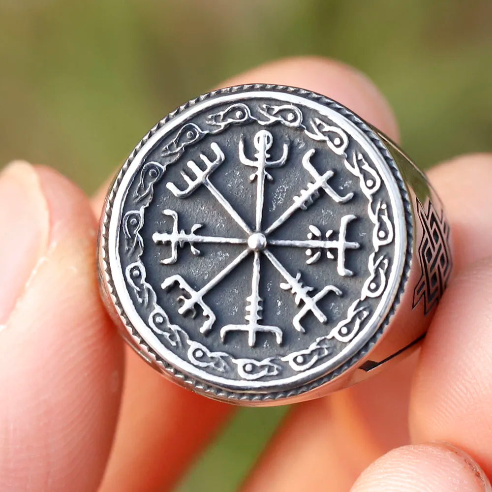 Vegvísir & Gungnir Symbol Engraved Ring 0 The Pagan Trader