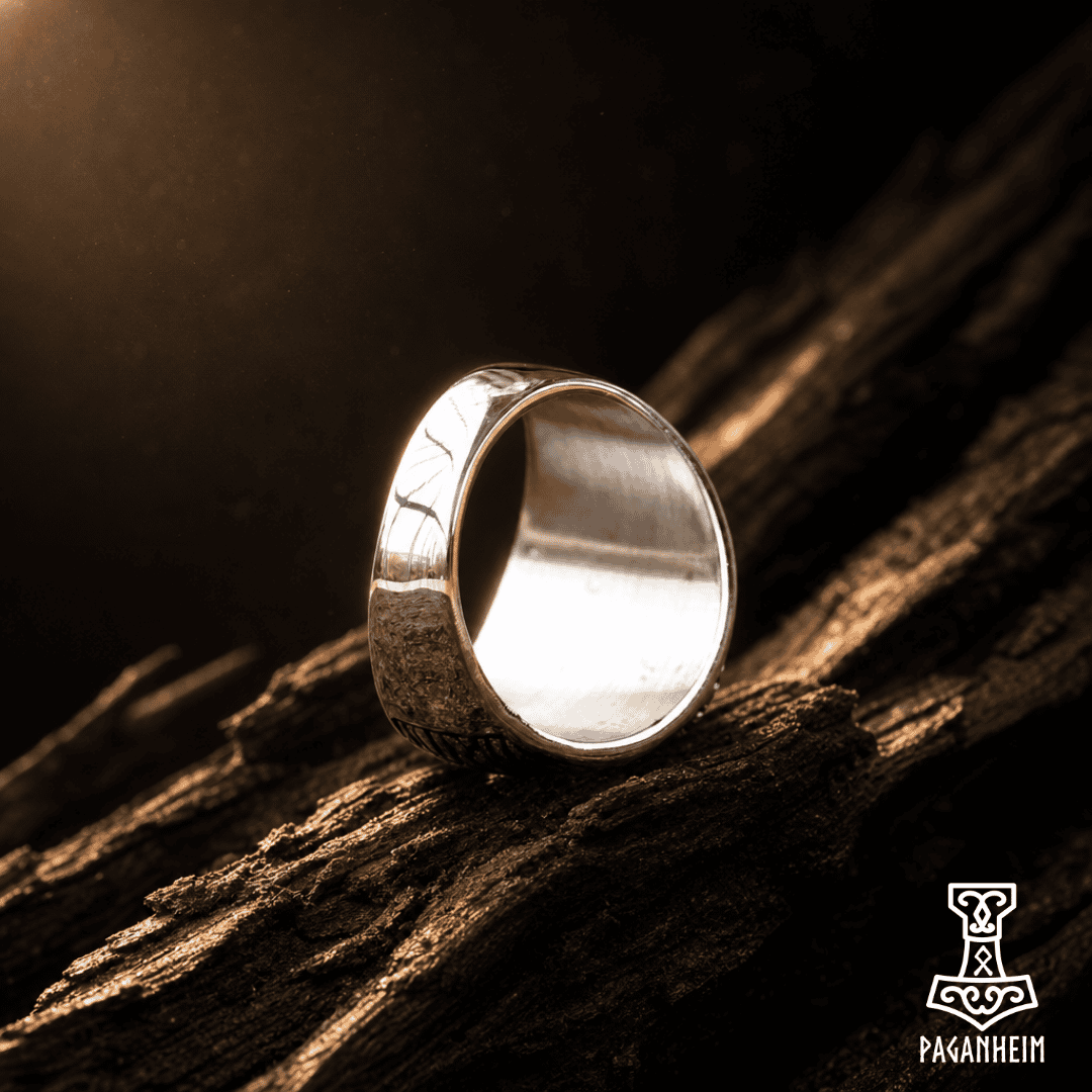 Stainless steel ring with Viking compass and rune engravings