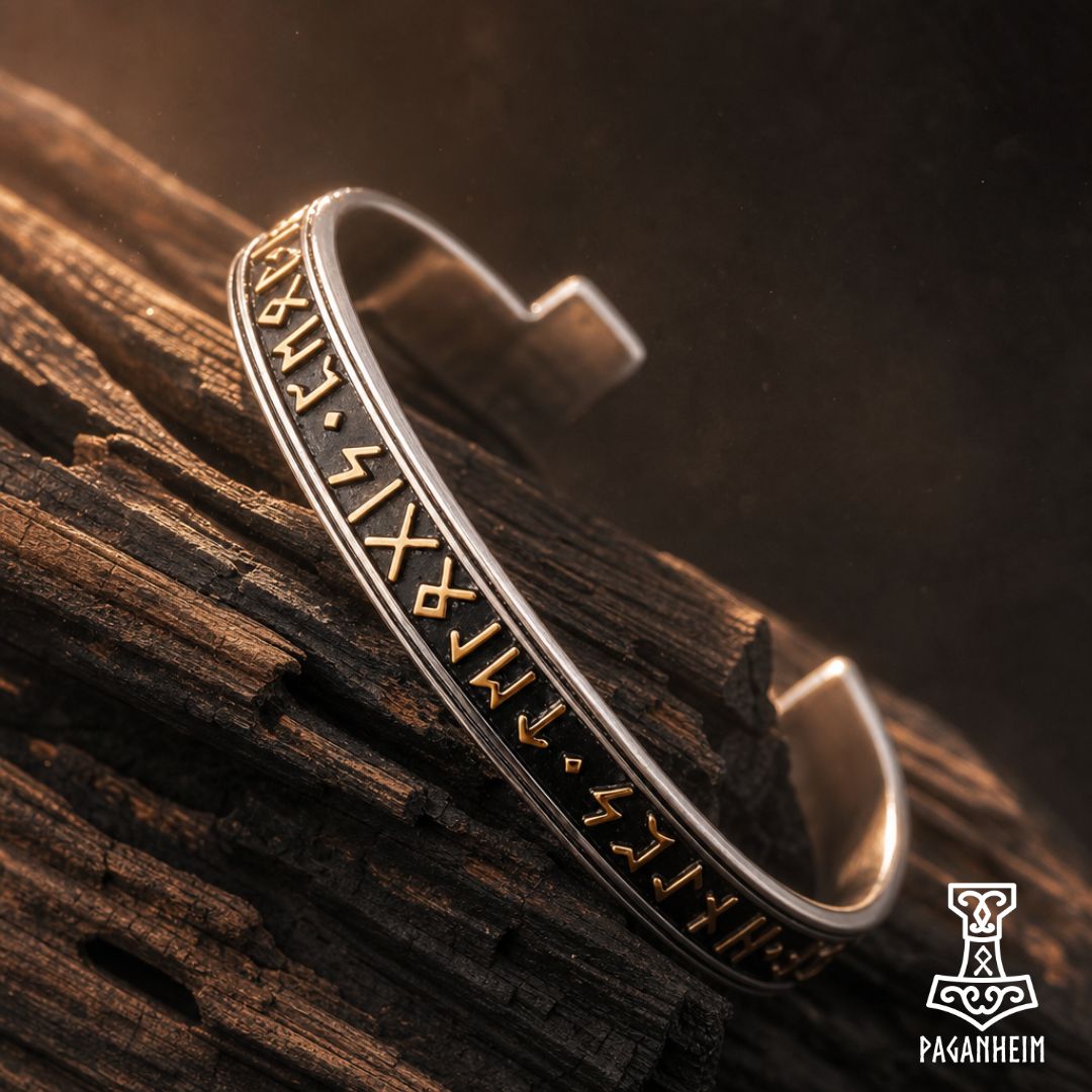 Closeup of Runic Arm Ring Bangle showing raised gold runes on black background.