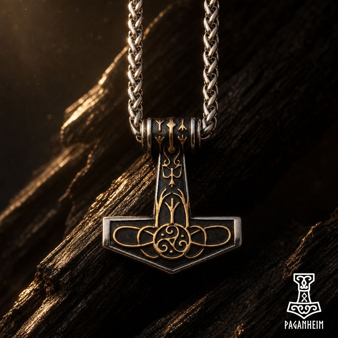 Closeup of Mjölnir necklace showing gold‑toned knotwork and rune details