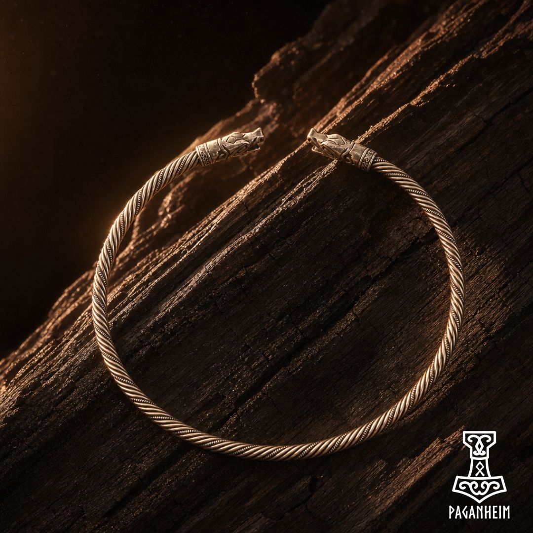 Viking Age inspired neck ring with serpent head terminals and twisted band