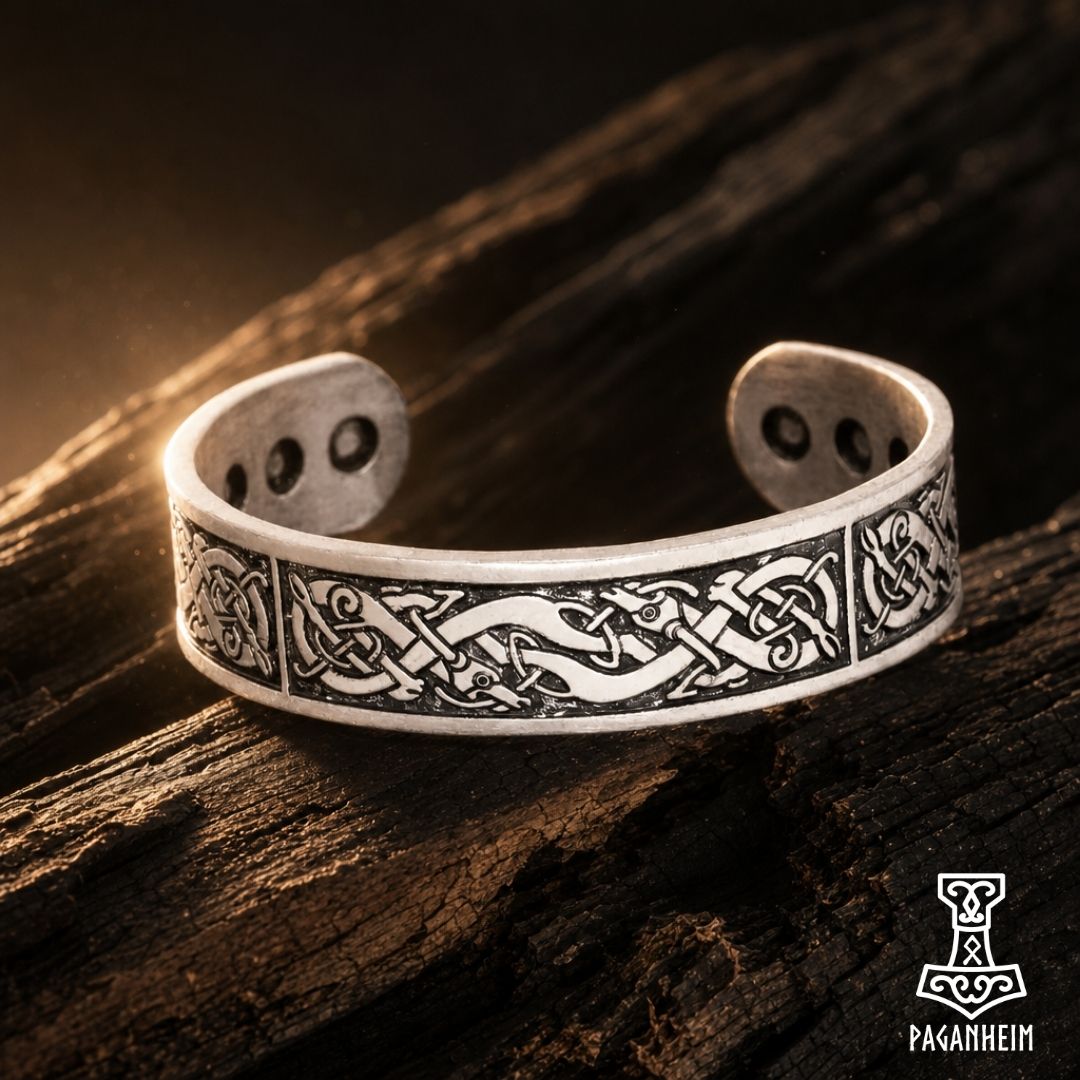 Metal cuff bracelet featuring Urnes art style with intertwined serpent patterns
