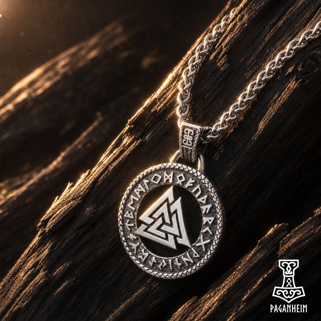 Pendant featuring Valknut symbol surrounded by Elder Futhark runes