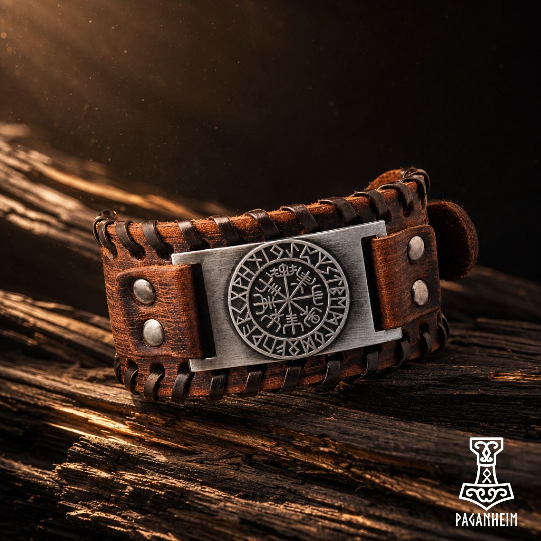 Closeup of Vegvísir Leather Bracelet showing engraved runic compass and stitched edges.