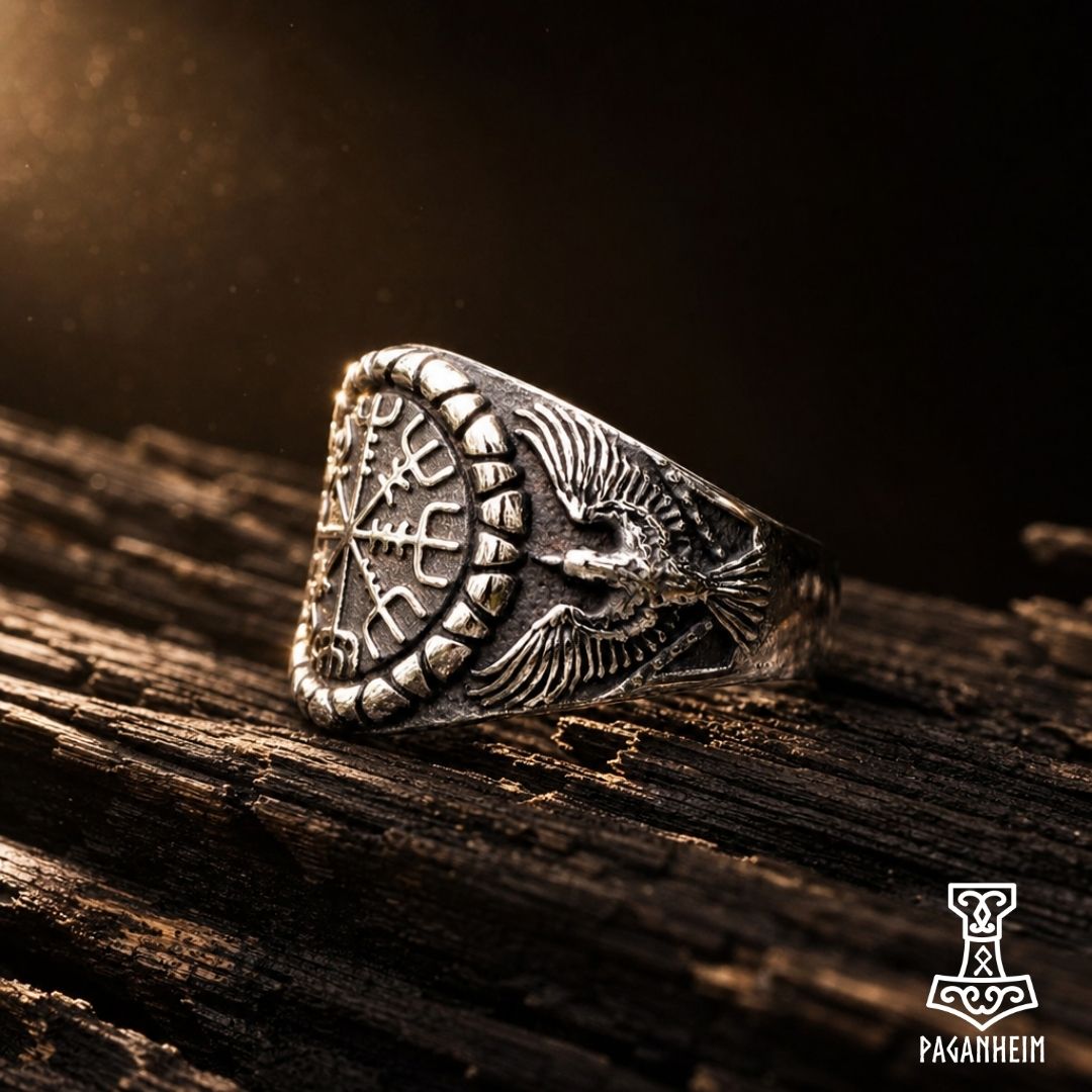 Closeup of Vegvísir ring showing engraved Norse compass symbol
