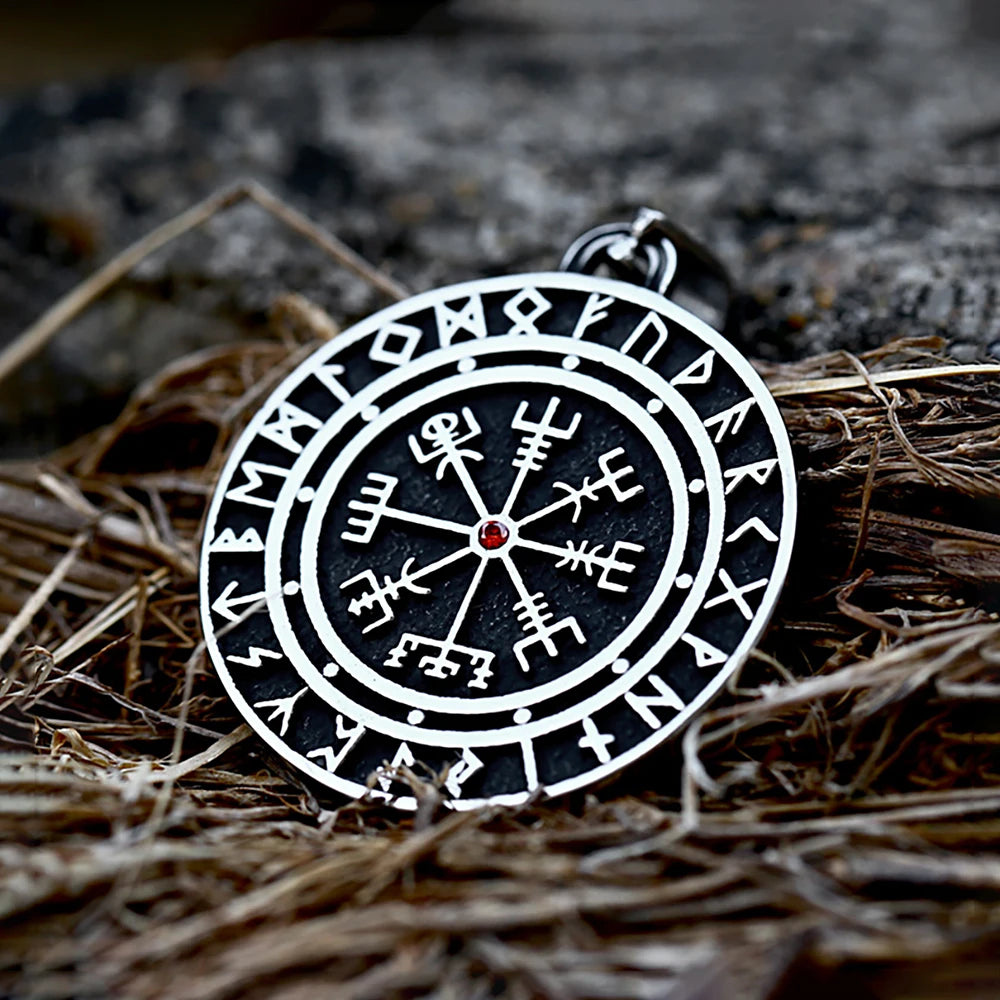 Red Jewel Vegvísir Rune Pendant - Norse Viking Compass Amulet The Pagan Trader
