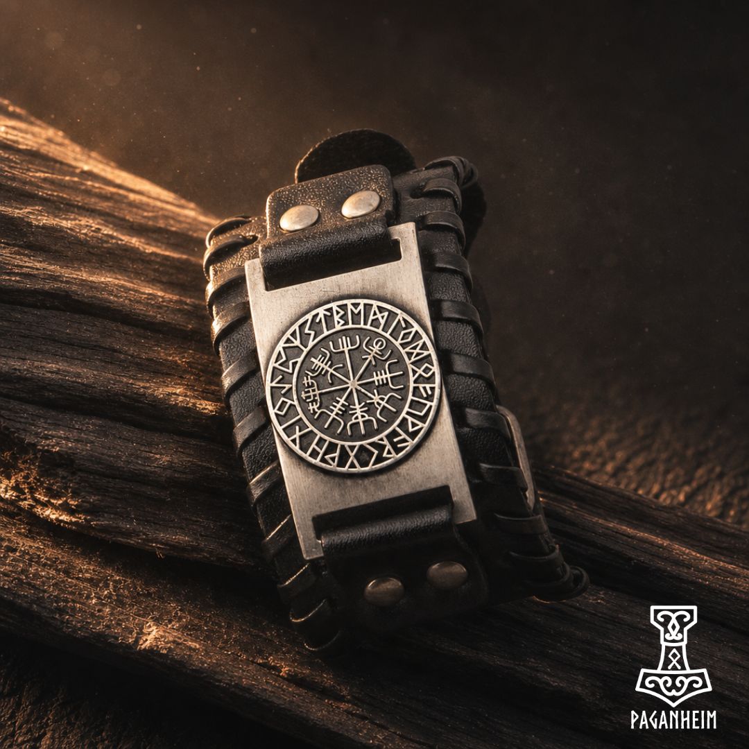 Black bracelet with Vegvísir symbol and runic border.