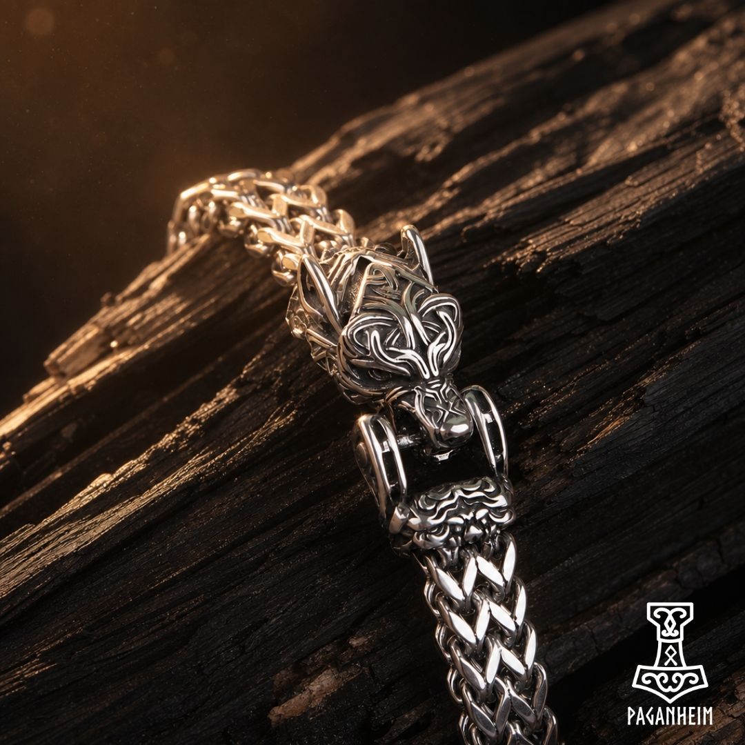 Stainless steel bracelet featuring detailed wolf head clasp inspired by the wolf Fenrir