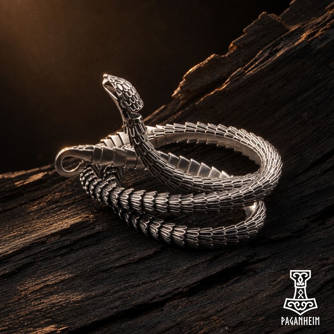 Norse serpent necklace photographed under warm light