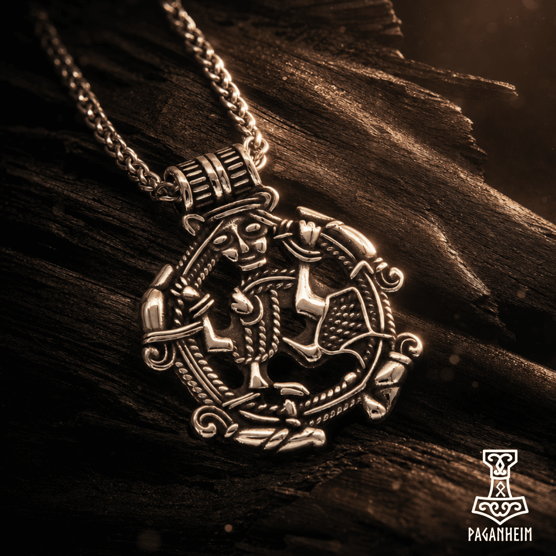 A silver-toned Norse-style pendant necklace featuring a detailed figure motif, resting on a dark textured wooden surface. The brand logo 'Paganheim' is visible in the bottom right corner.