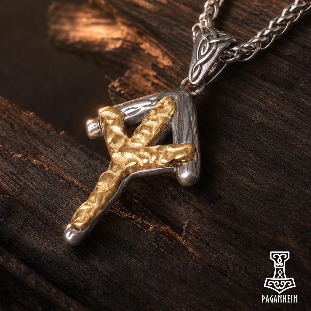 Stainless steel necklace featuring Algiz rune in gold and Tiwaz rune in silver