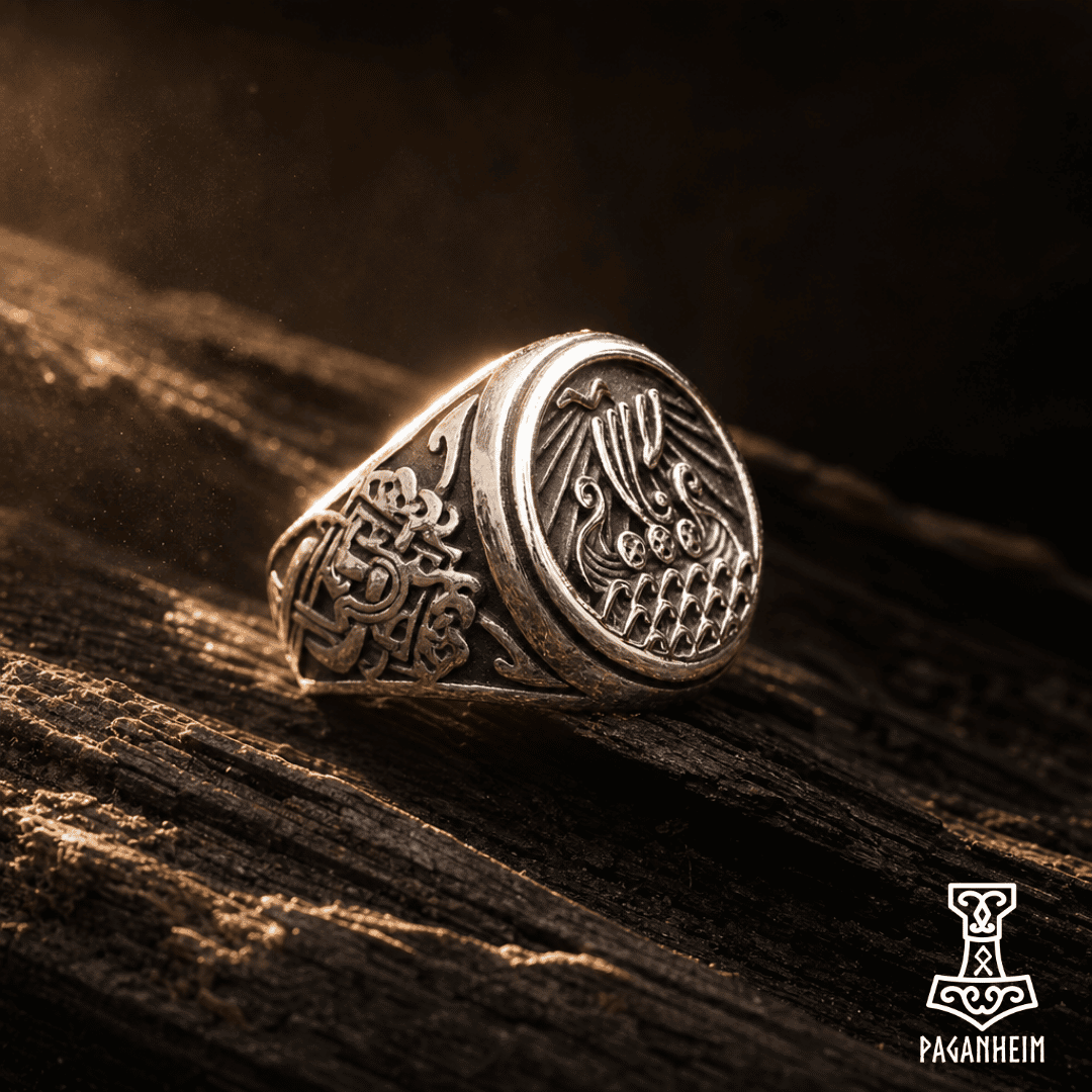 Stainless steel ring with Viking ship and knotwork patterns