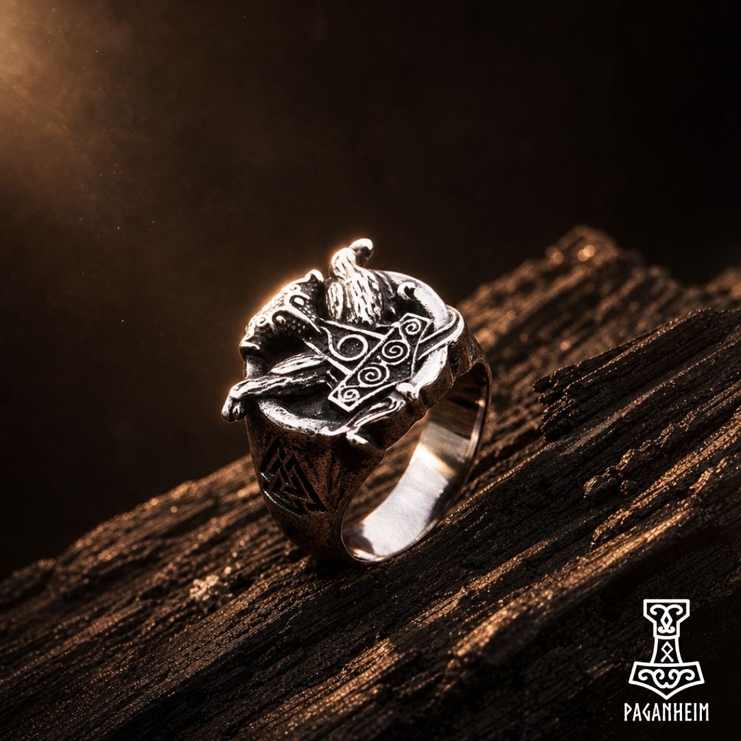 Closeup of Norse ring with Mjölnir and Valknut engravings