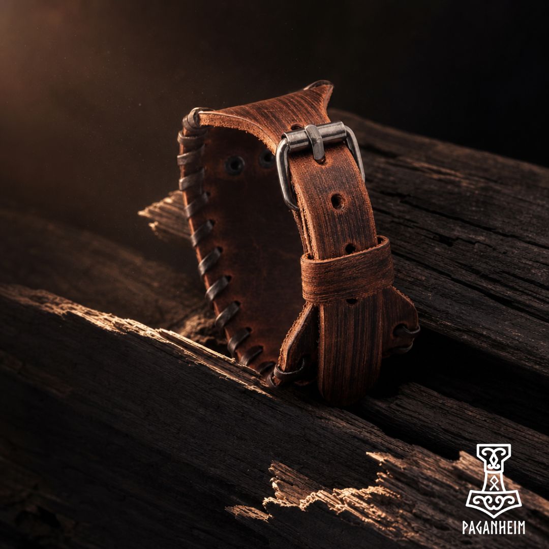 Norse Vegvísir bracelet resting in wooden box under warm light.