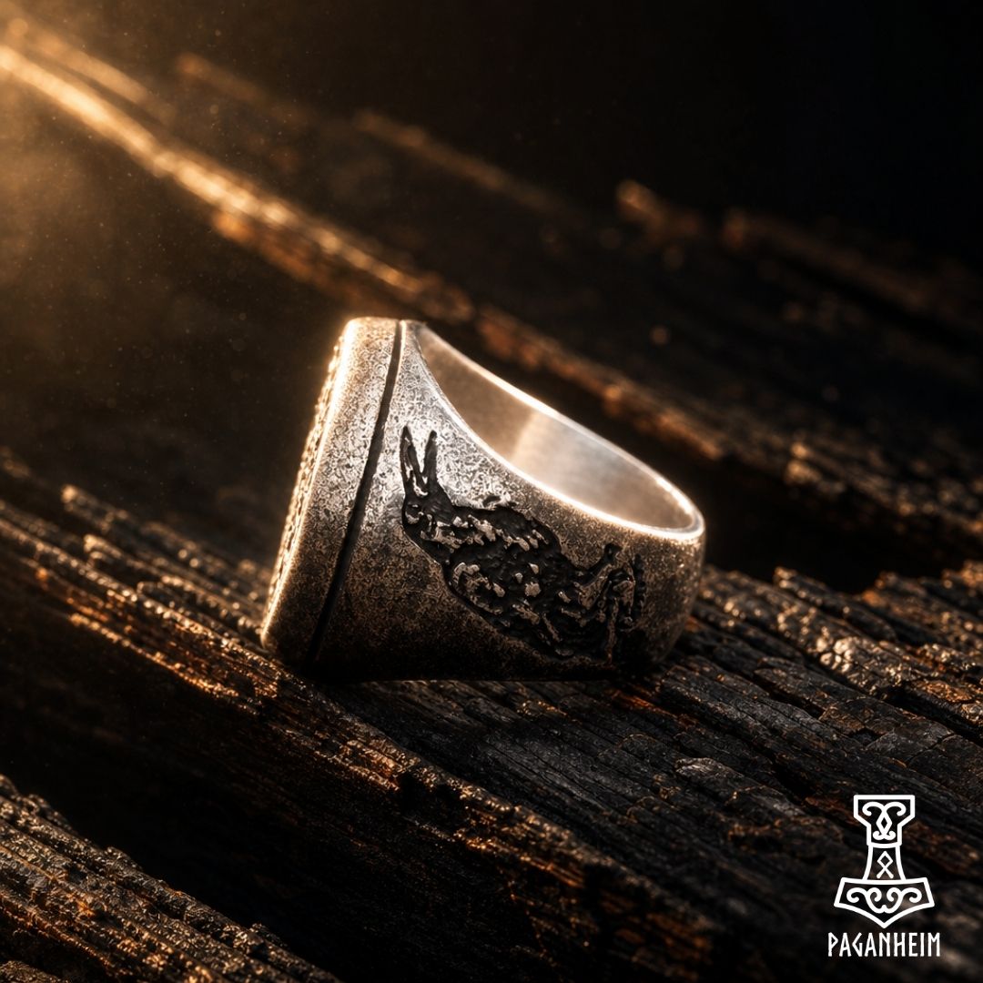 Raven‑engraved Vegvísir ring resting on dark wood surface under warm light