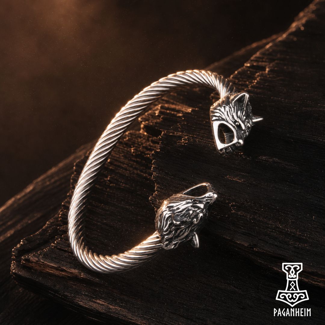Norse‑inspired arm ring featuring wolf head motifs and spiral metalwork