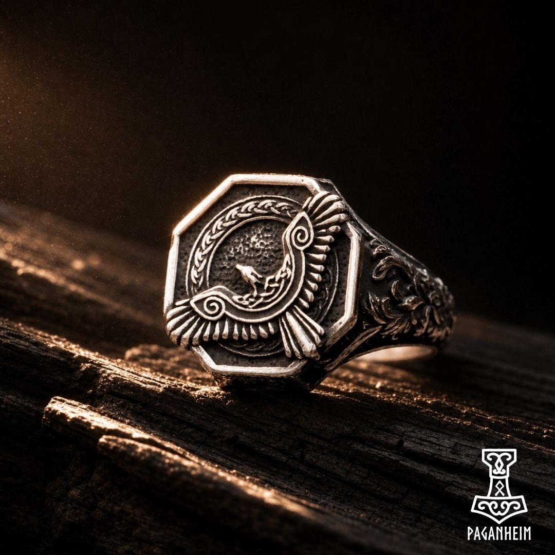 Ring featuring stylised raven in flight within octagonal frame
