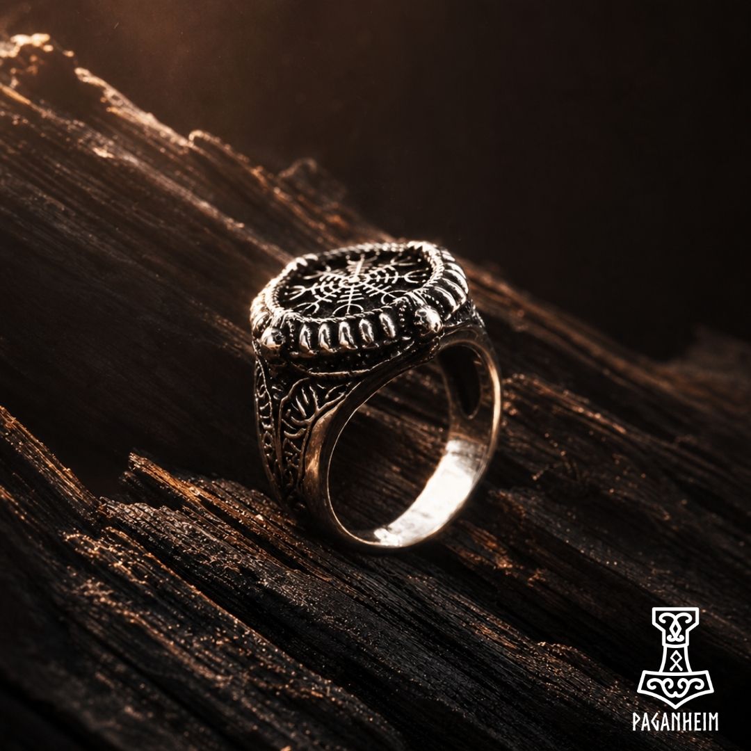 Helm of Awe ring resting on stone surface under natural light