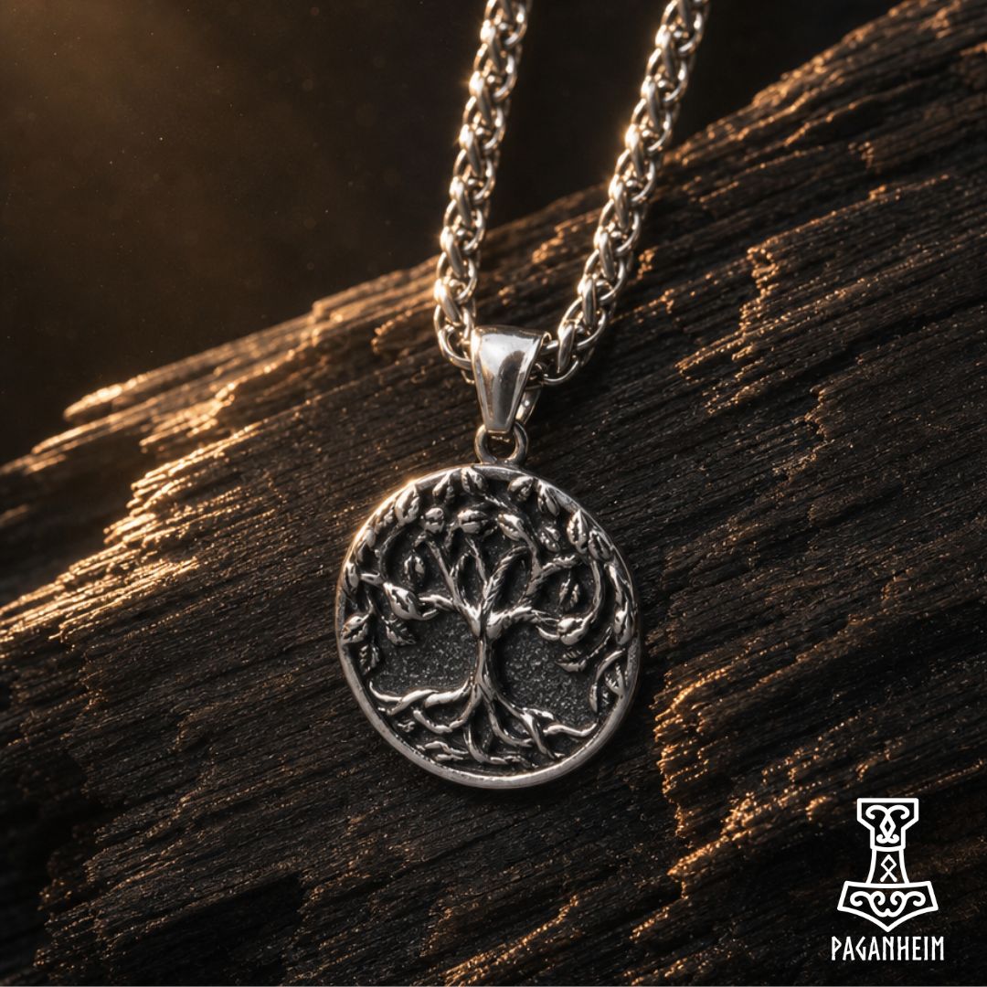 A silver tree of life pendant necklace on a matching chain, displayed on a textured dark wood surface with dramatic warm lighting. The brand logo 'Paganheim' is visible in the bottom right corner.