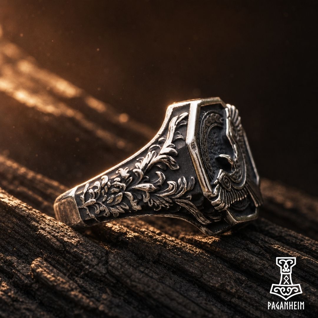 Metal ring with raven motif inspired by Germanic symbolism of wisdom