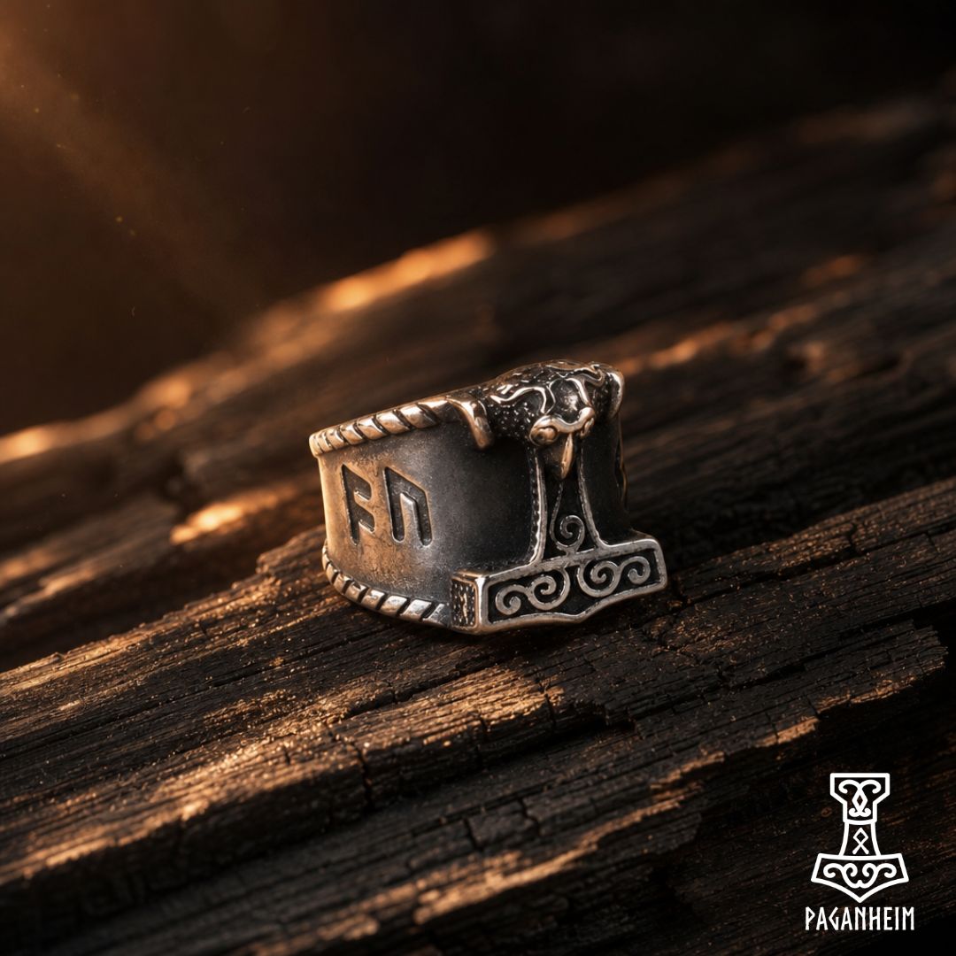 Closeup of Mjolbaugr ring showing detailed hammer engraving and runes