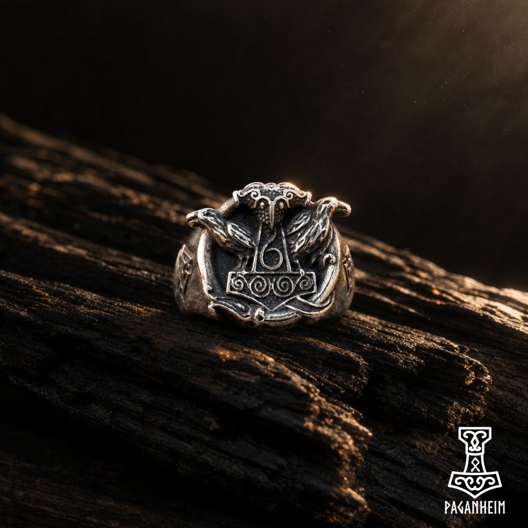 Stainless steel ring inspired by Odin’s ravens Huginn and Muninn