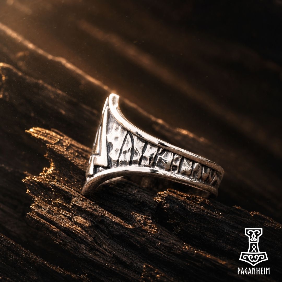 Closeup of Valknut symbol framed in a crown‑like design