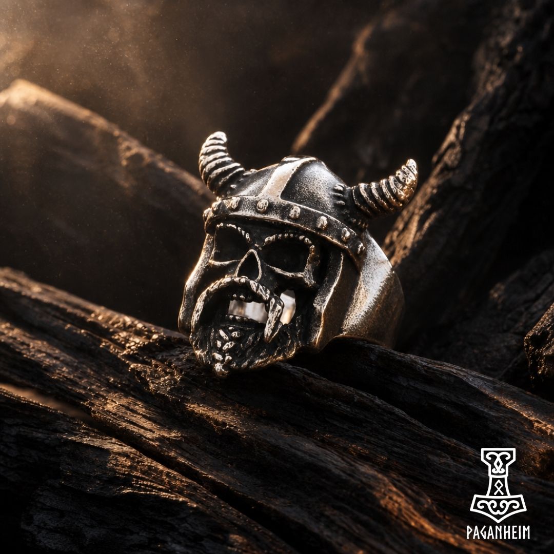 Ring depicting Viking warrior skull with horned helmet and beard